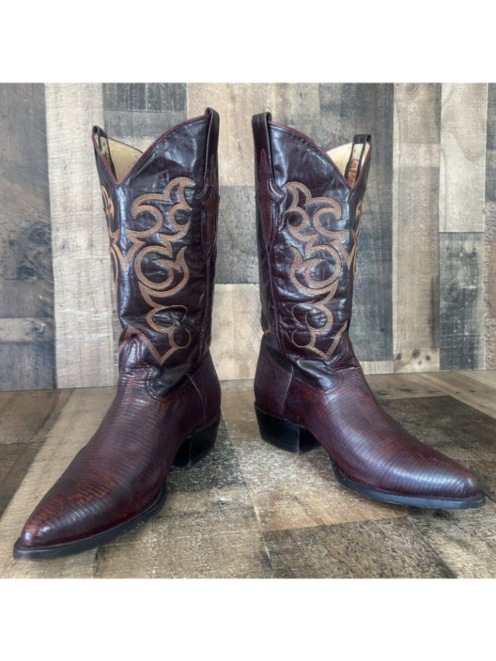 Los Altos Vintage Teju Lizard Burgundy Western Cowboy Boots Mens 10 EE - Picture 11 of 12